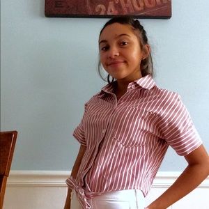 white and pink striped polo